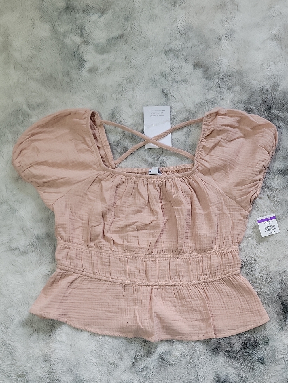 New Love_Fire Junior's L Short Puffy Sleeve Guaze Peplum Boho Peasant Top